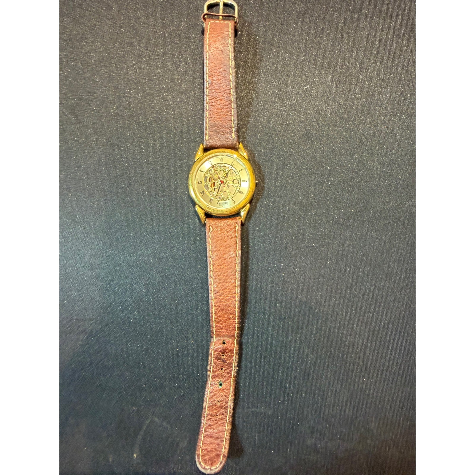 Armitron Quartz Skeleton Watch Gold Tone Brown Leather Strap 20/2262F 2035 Japan