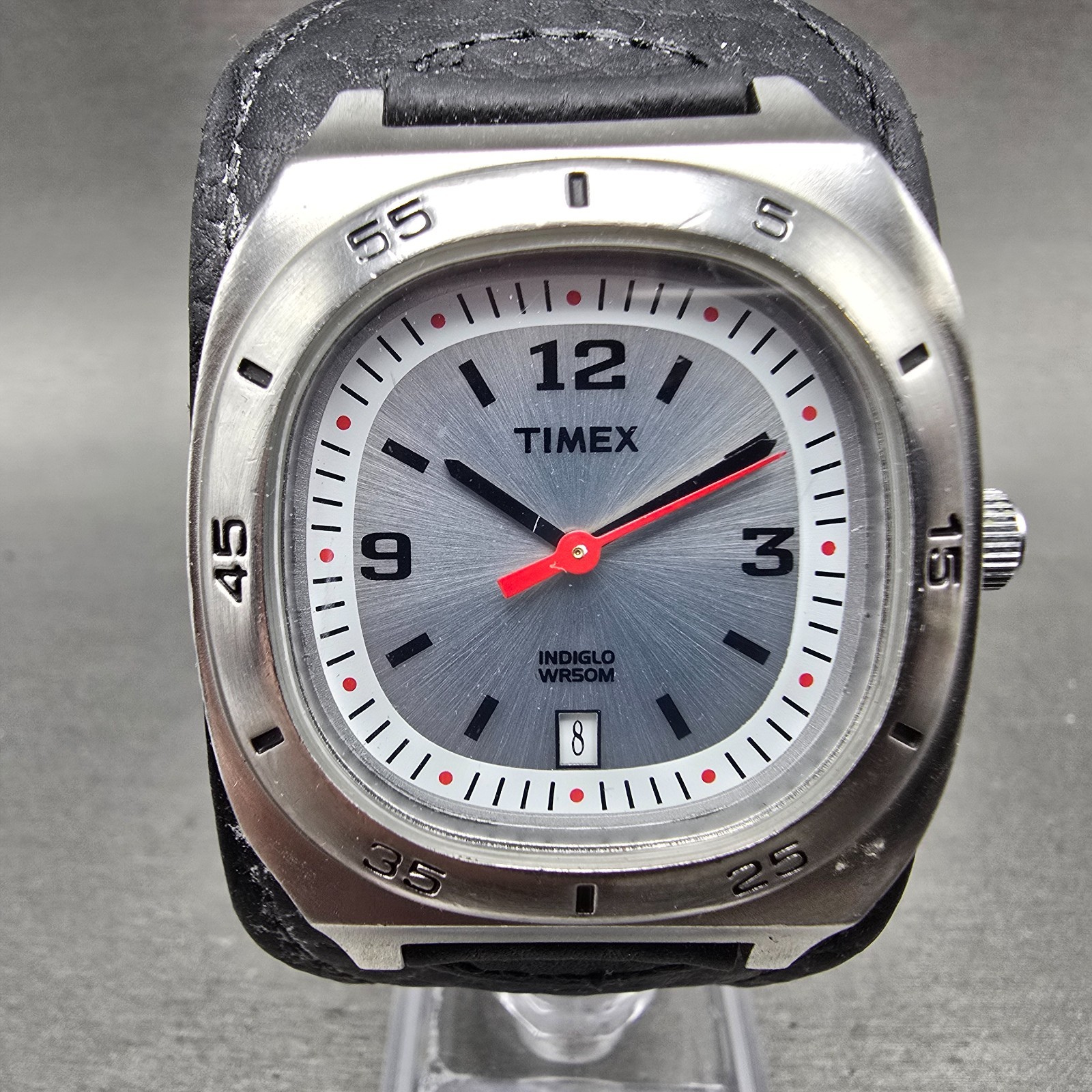 Timex Indiglo Watch Men 37mm Silver Dial Silver Tone Date Rectangle New Battery