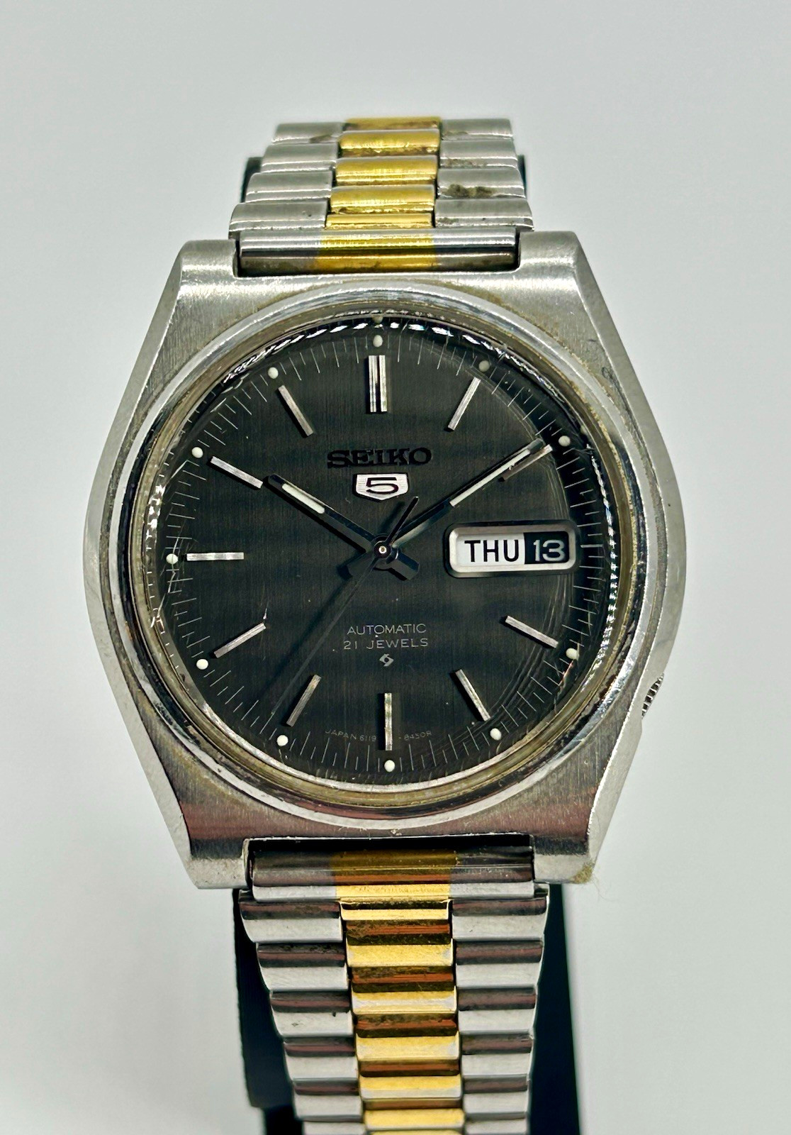 Vintage Seiko 5 6119-8410 Automatic 21J Gray Sunburst Day Date Watch 1976 Runs