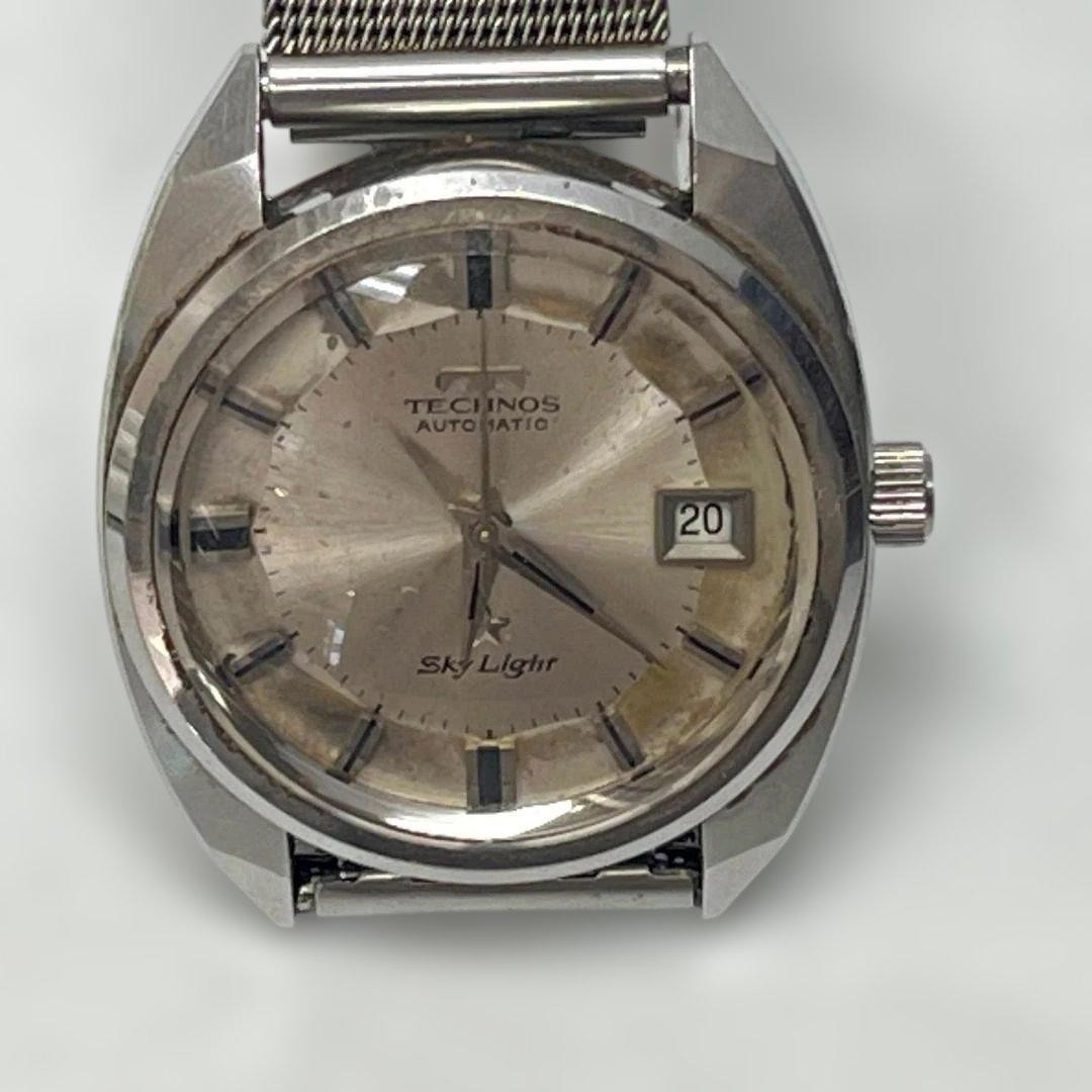 Vintage Technos Sky Light Automatic Working Silver Mens Watch SS Japan w/Box