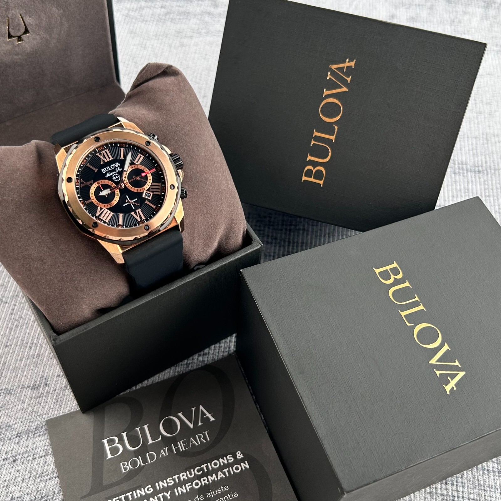 Bulova Men’s Marine Star 98B104 Rose Gold Black Dial Silicone Strap Quartz Watch