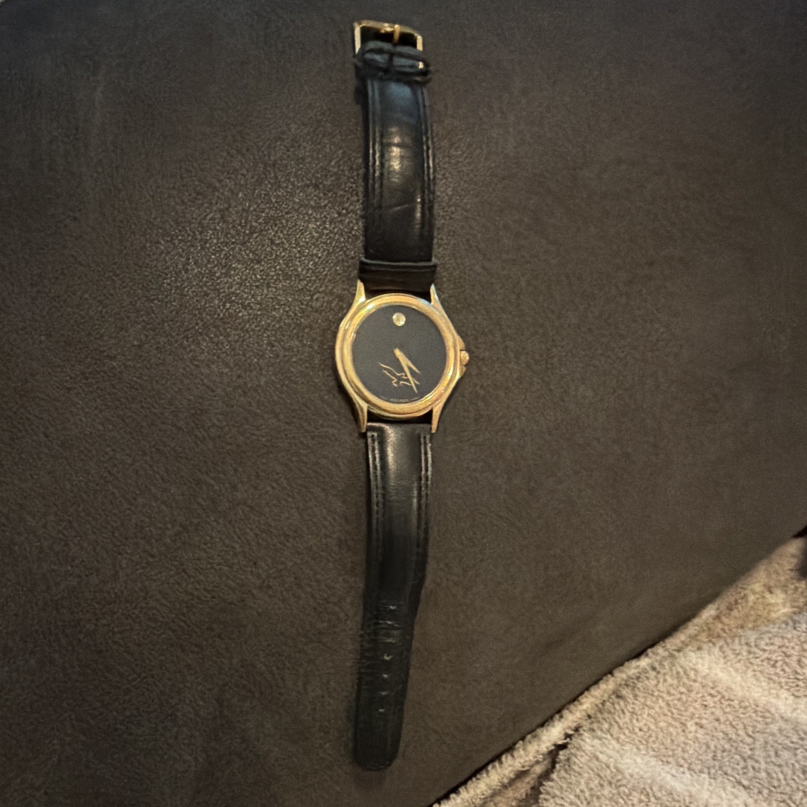 Movado Museum Quartz Black Dial Gold-Tone Case Black Leather Strap Watch