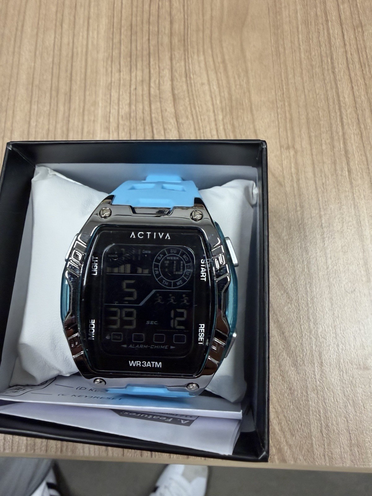 Activa Digital Quartz Sport Watch 30m WR Alarm Chrono Blue Silicone Strap Box