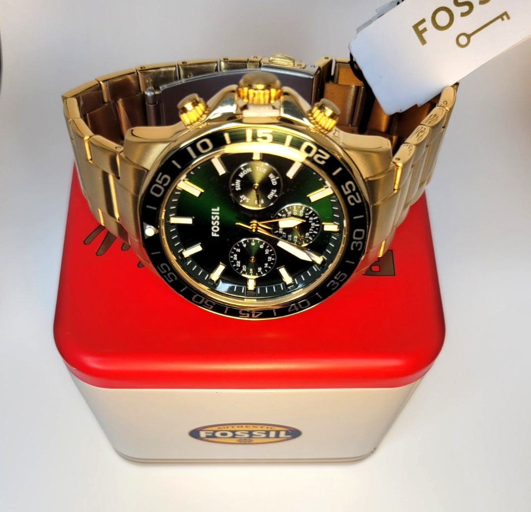 FOSSIL Bannon Mens Multifunction Watch Dark Green Dial Gold Stainless Steel Band