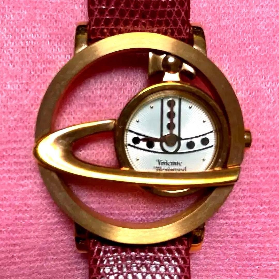 Vivienne Westwood Circle Orb Gold Quartz Women Watch Bordeaux Leather Needs Bat