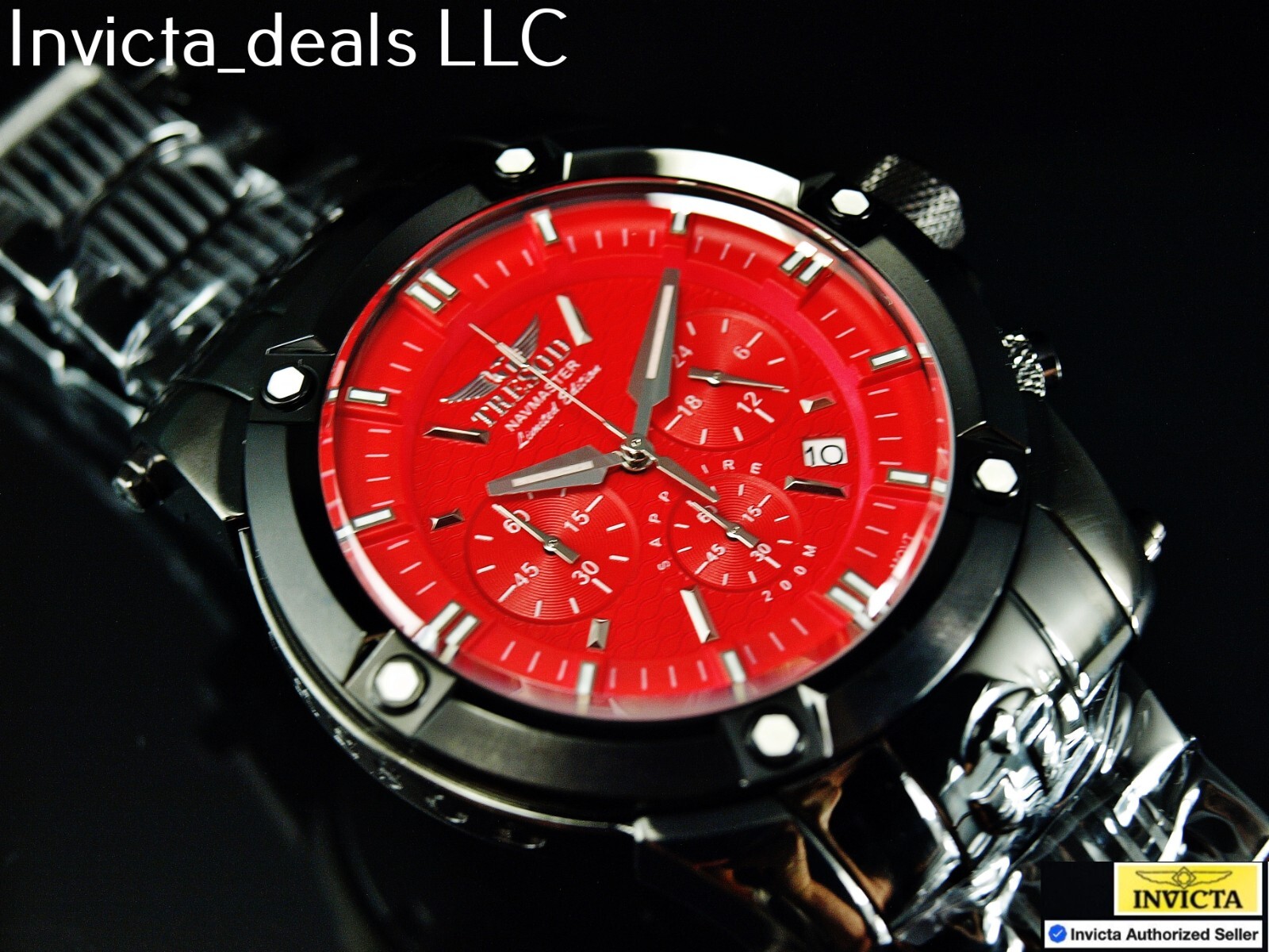 Tresod Men’s NAVMASTER Chronograph Red Dial Black Tone Sapphire Crystal SS Watch