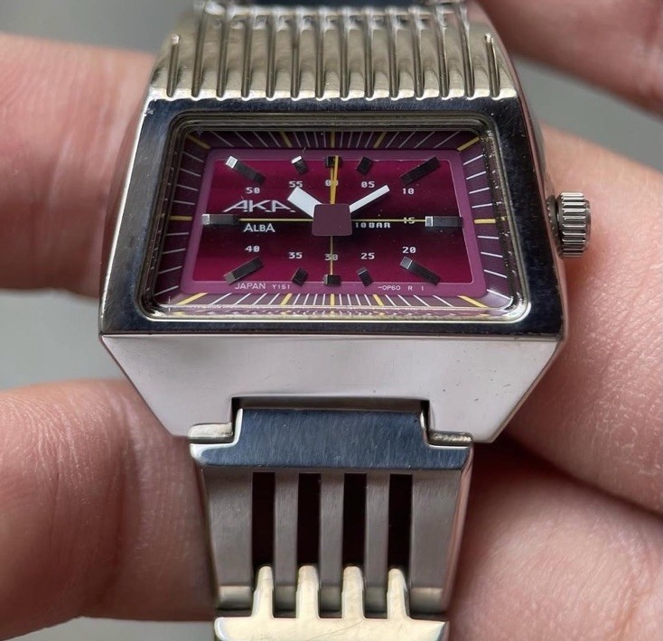 Alba AKA Quartz Rectangle Watch Purple Dial Silver Stainless Bracelet 100m