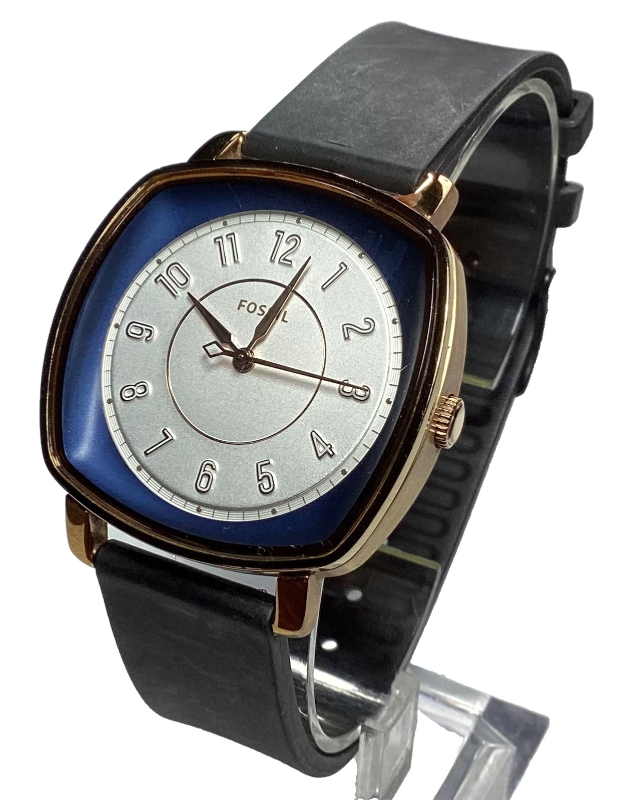 Fossil Womens Watch Blue White Dial Gold Bezel Black Rubber Band New Battery