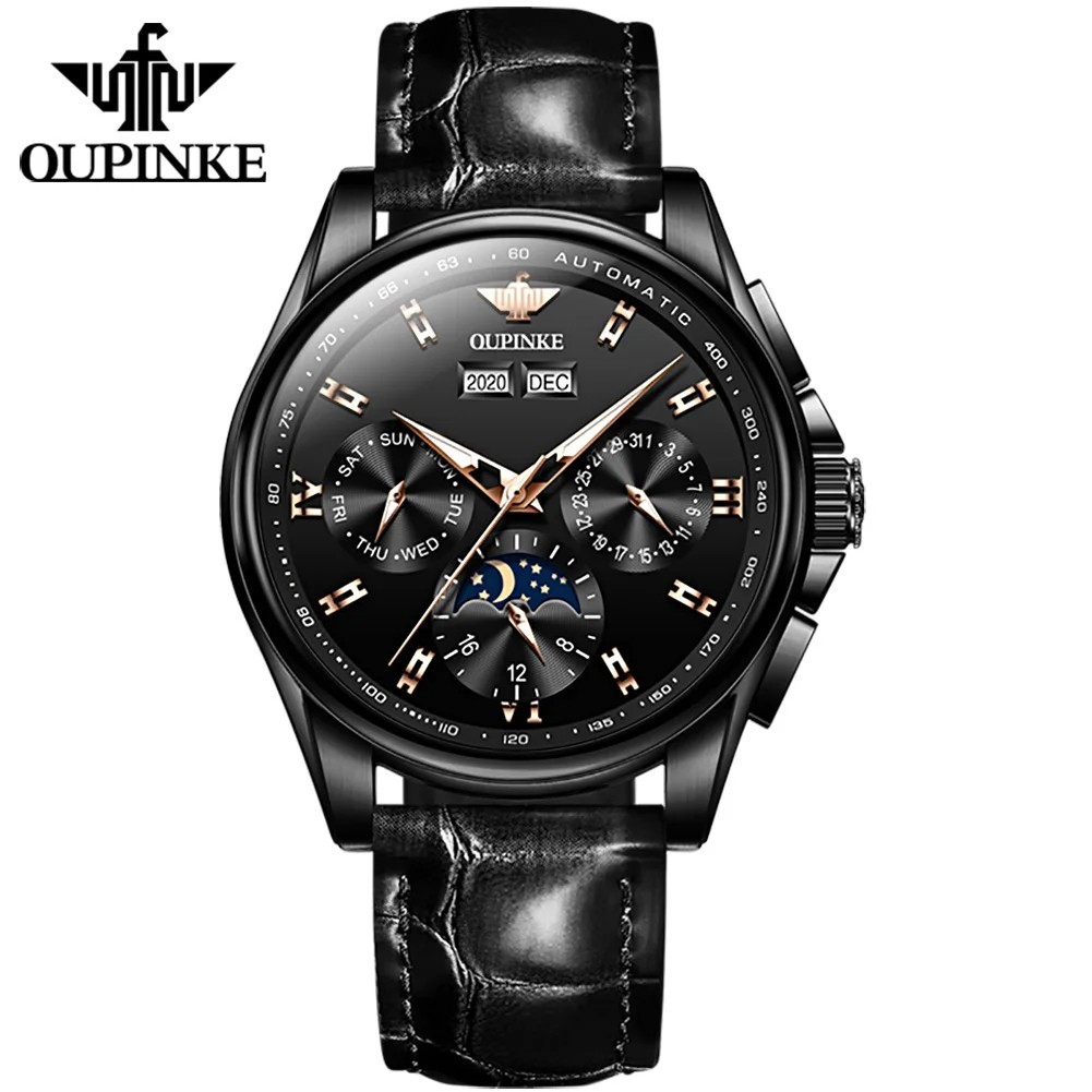 Automatic Mechanical Watch Waterproof Moon Phase Luxury Men Men’s Strap