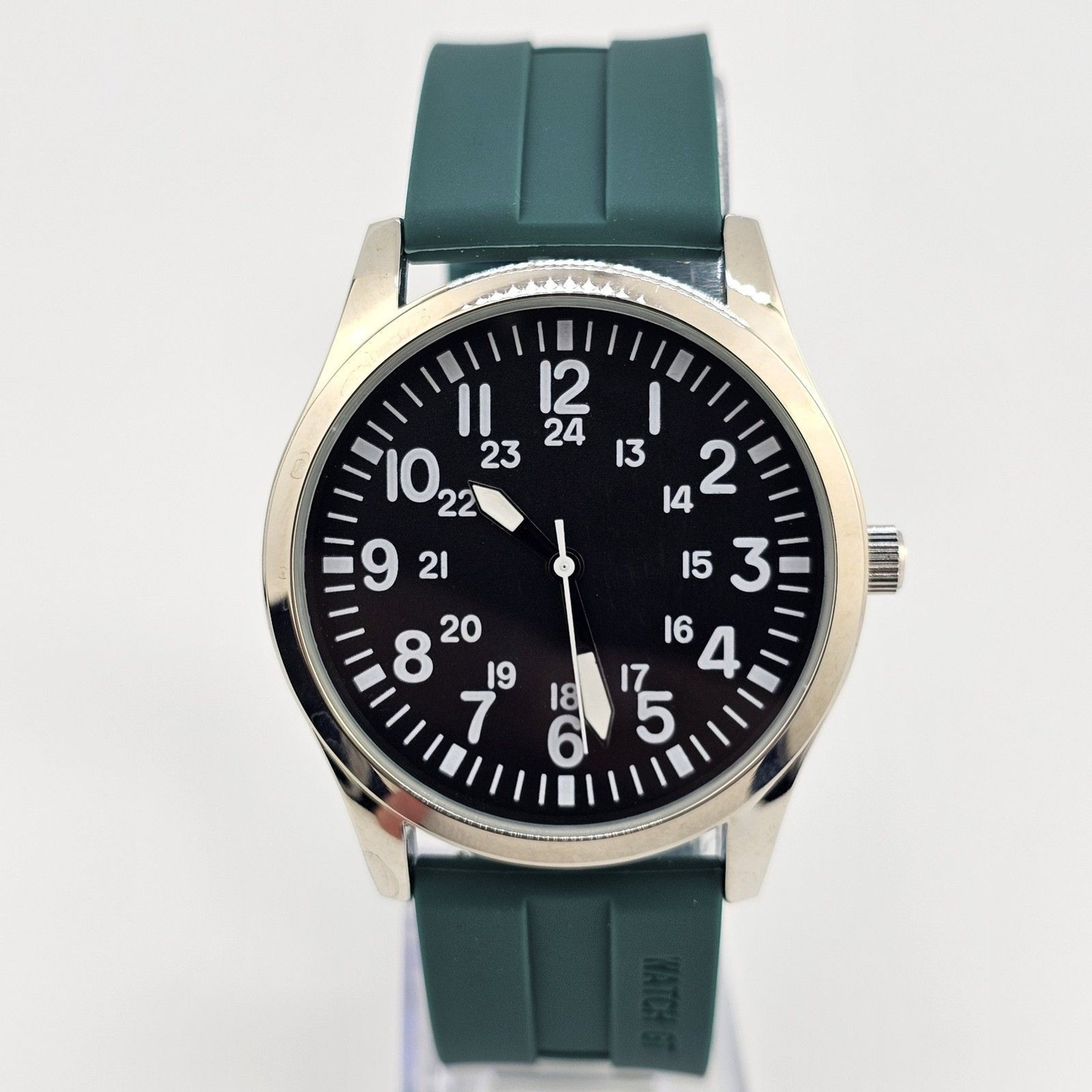 Men’s Field Watch 42MM Gray Case Black Dial Dark Green Plastic Band Straps
