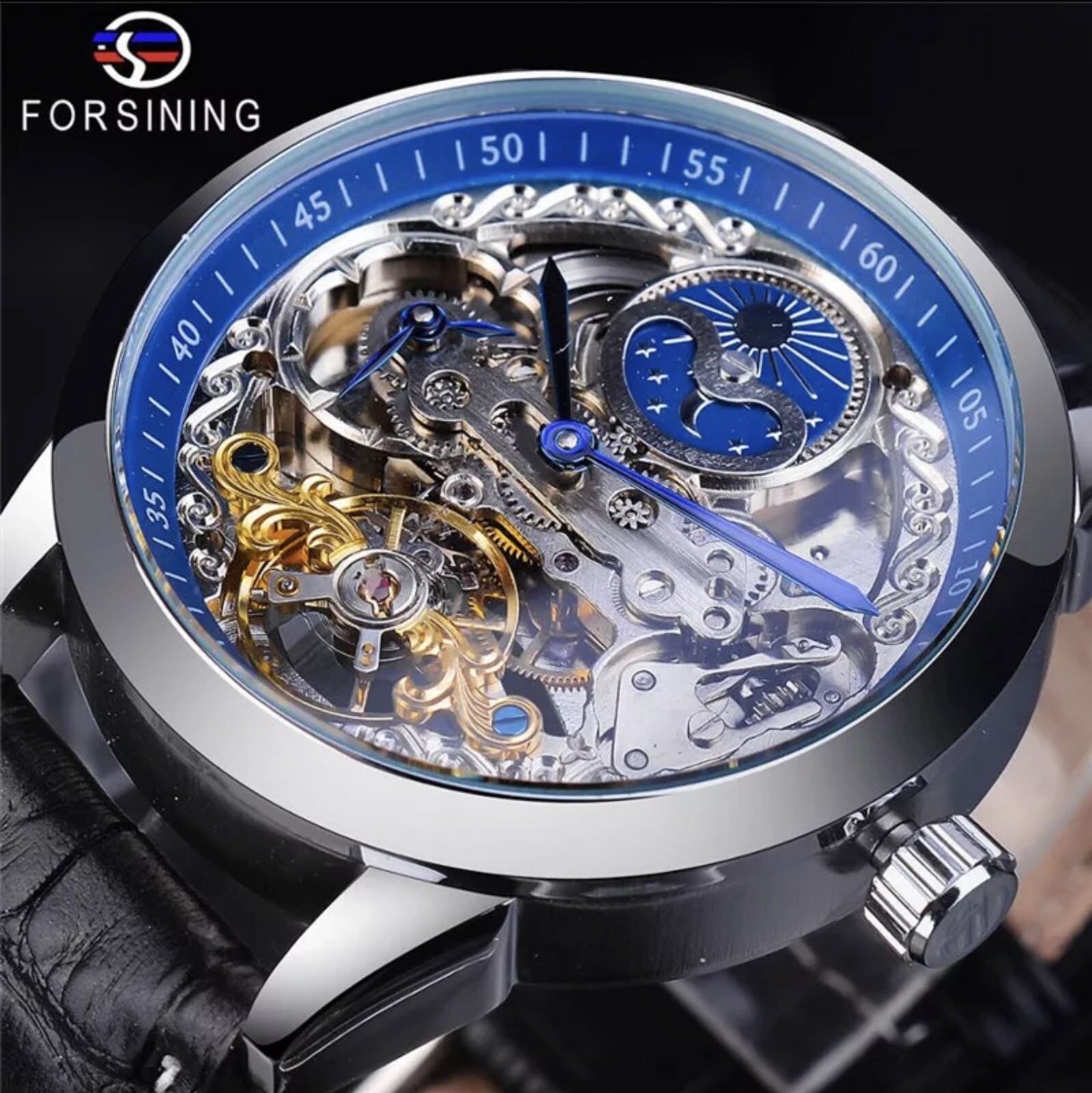 ⌚￼ Forsining Men’s Automatic Water Proof Moon Dial Luxury Business Watch
