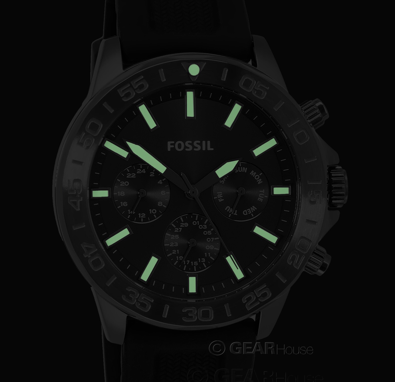 FOSSIL Bannon Mens Dark Gray Multifunction Watch, Day Date, Black Silicone Band