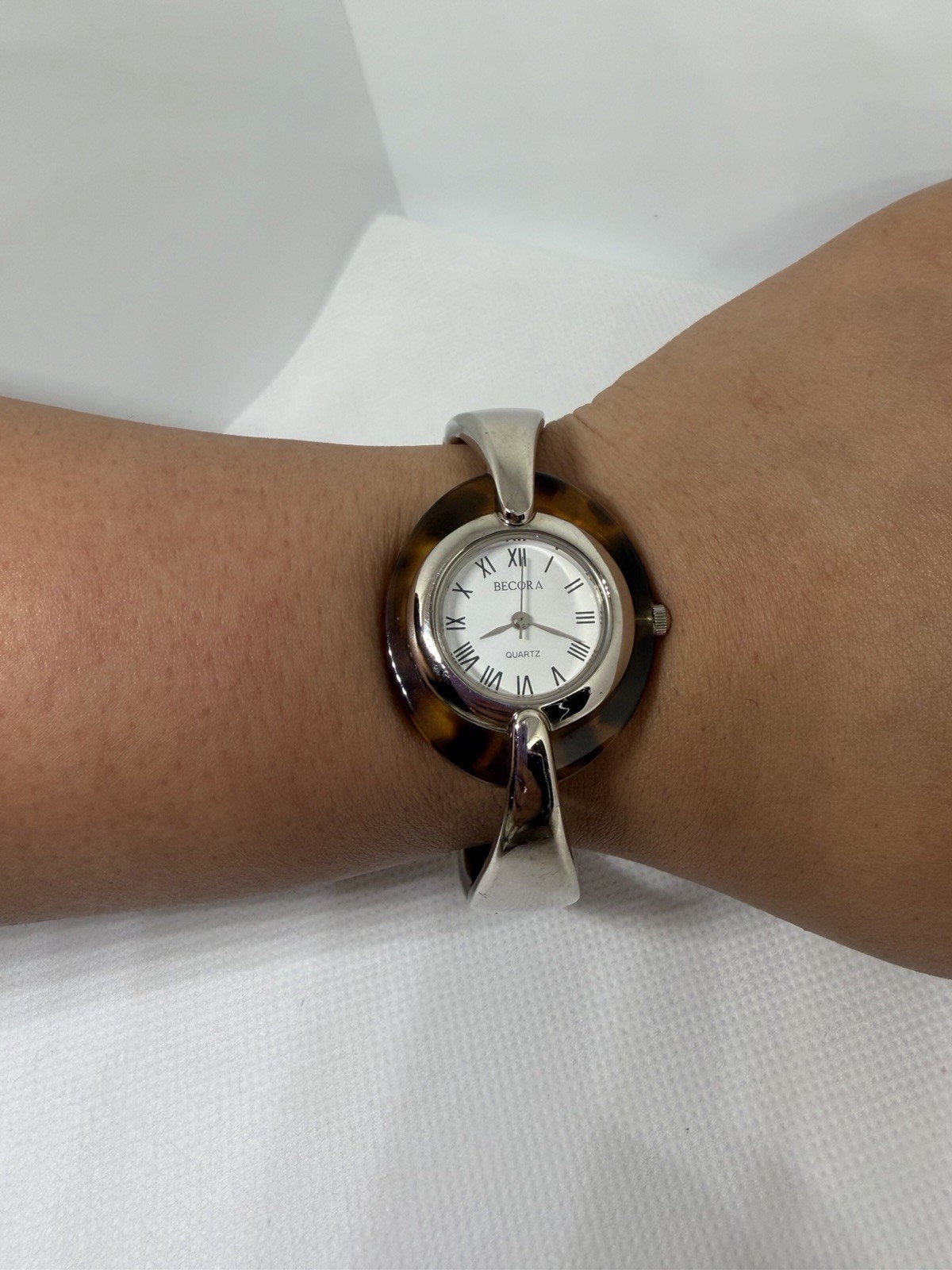 Becora Quartz Hinged Bangle Watch Silver Tone & Tortoiseshell Women’s Bracelet