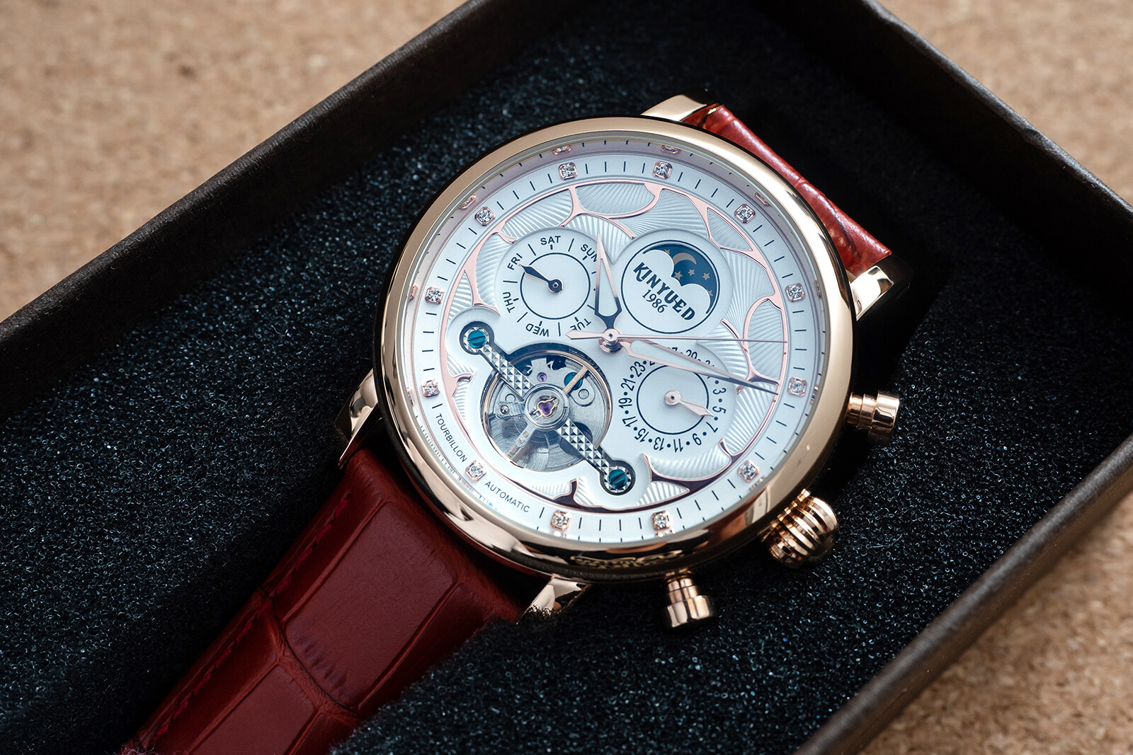 Mens Automatic Mechanical Watch Date Day Rose Gold White Red Leather Strap