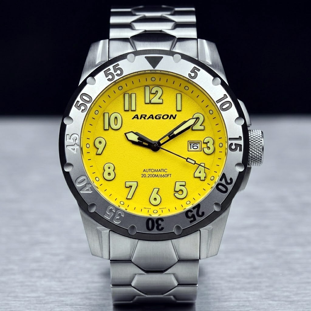 Aragon A534 Yellow Dial Armour Automatic 50mm Men’s Diver Watch Waterproof NEW