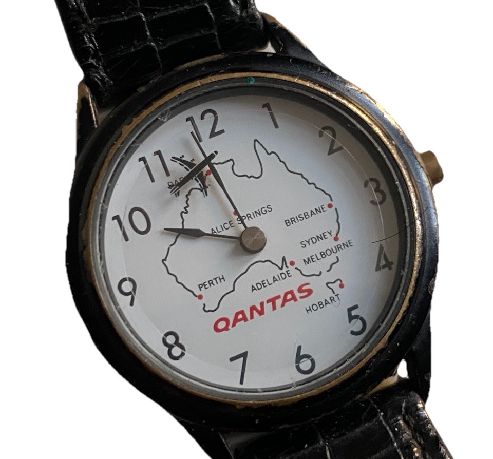 QANTAS WATCH VINTAGE PROMO Map Of Australia Stops & Airplane Seconds Hand RARE