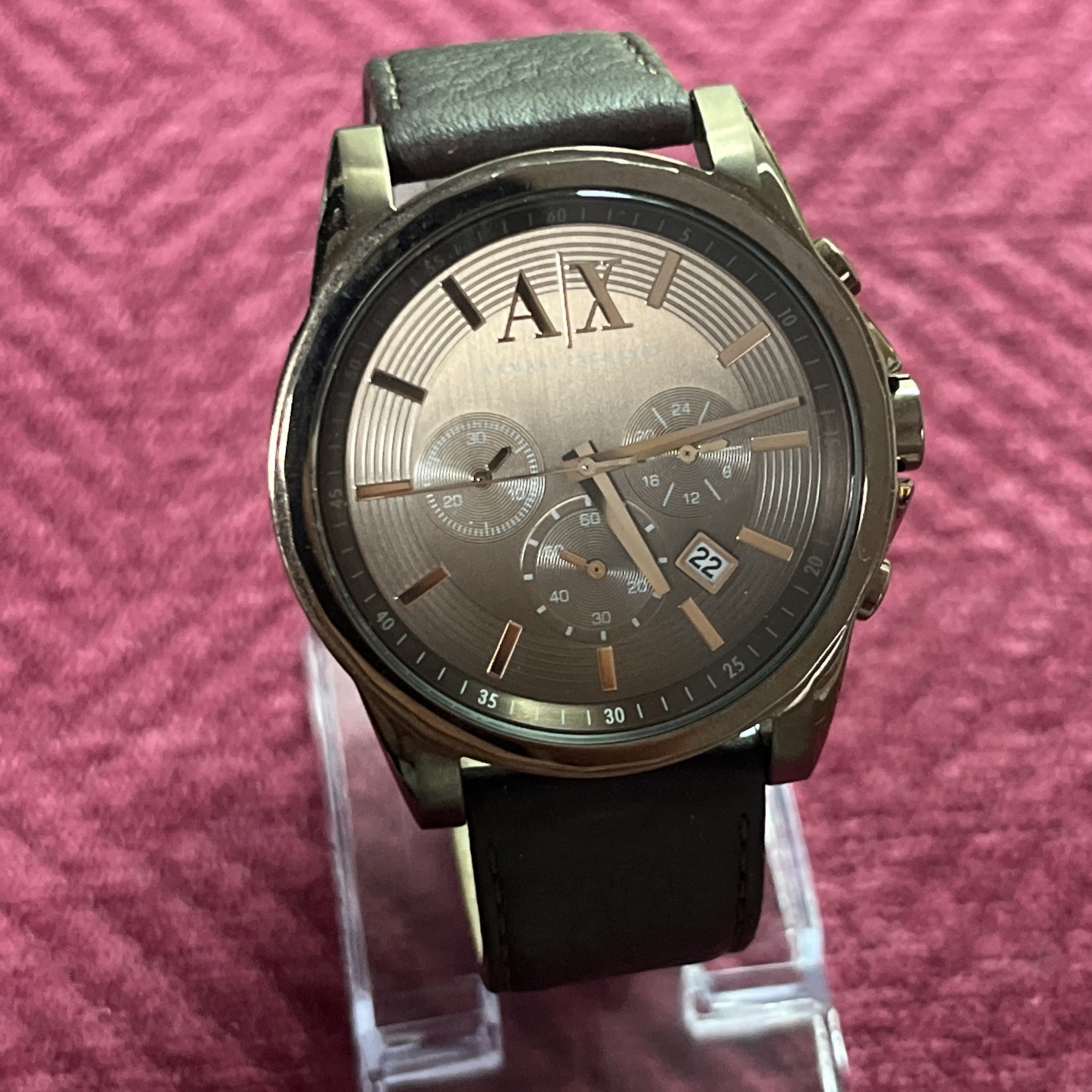Watch Chronograph Dark Brown Leather Strap 45mm Ax2090