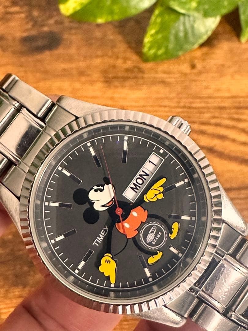 BEAMS × TIMEX Mickey Mouse Wristwatch Black/Silver Anime Manga from Japan Used