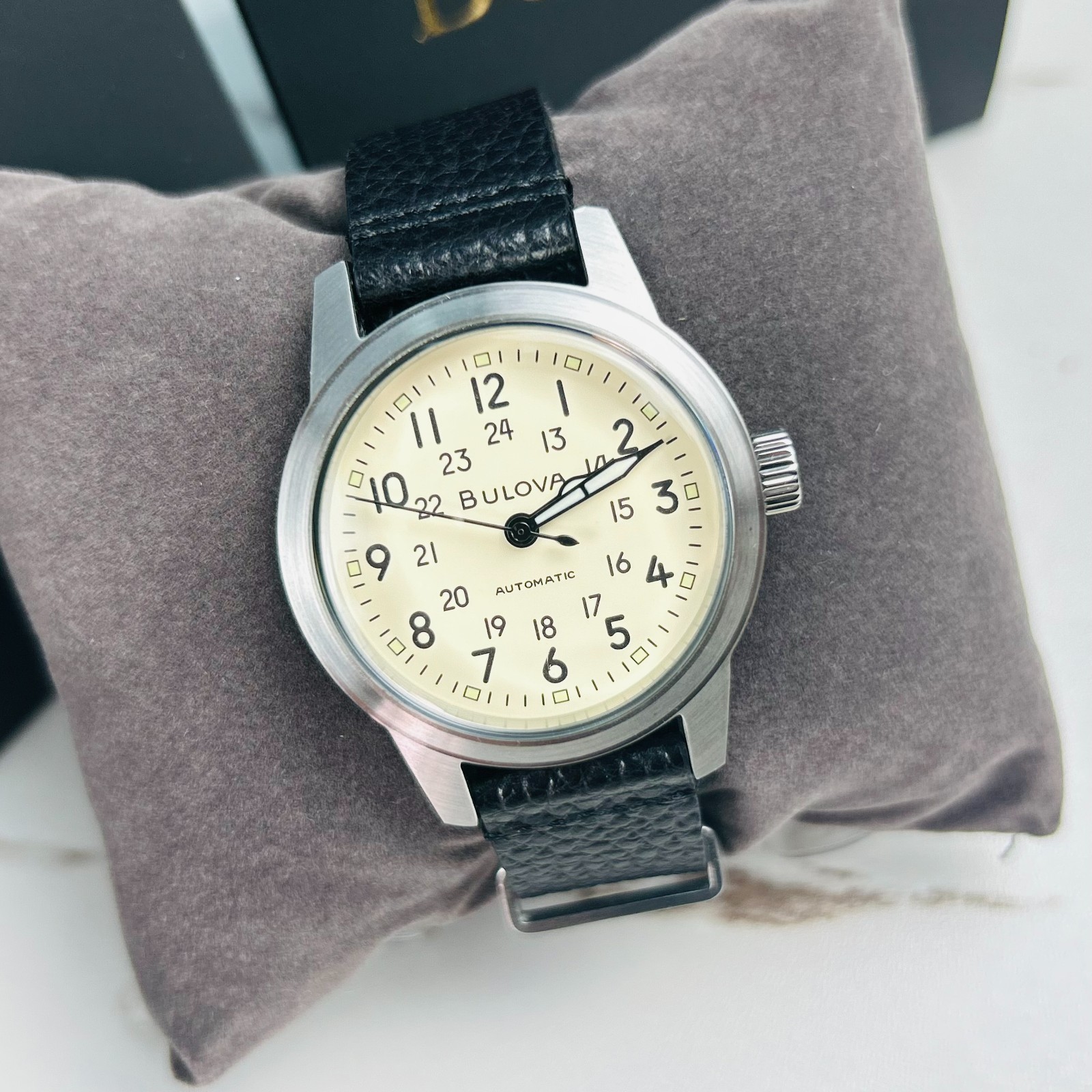 Bulova Men’s Classic Hack Watch 96A246 Ivory Dial Black Leather Automatic Watch