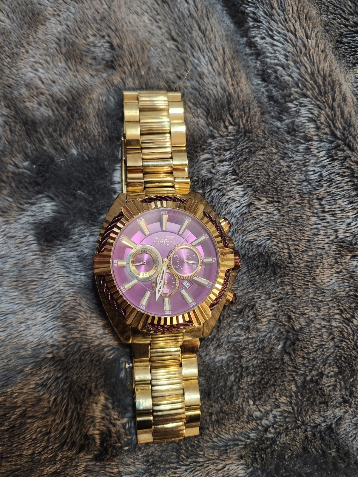 Invicta Bolt Chronograph Date Quartz 48mm Gold Bracelet Purple Dial 100m