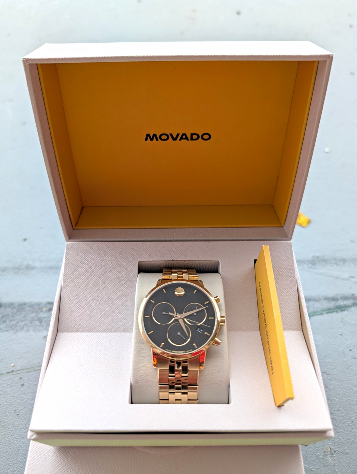 Movado Museum Classic Chronograph Quartz Date Black Dial Gold Bracelet Box