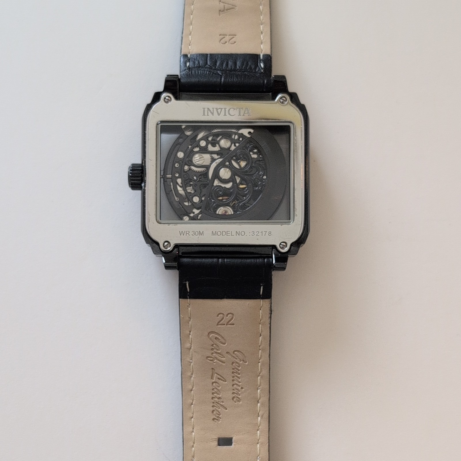Invicta Objet D Art Automatic Black Dial Black Case Leather Strap WR 30m