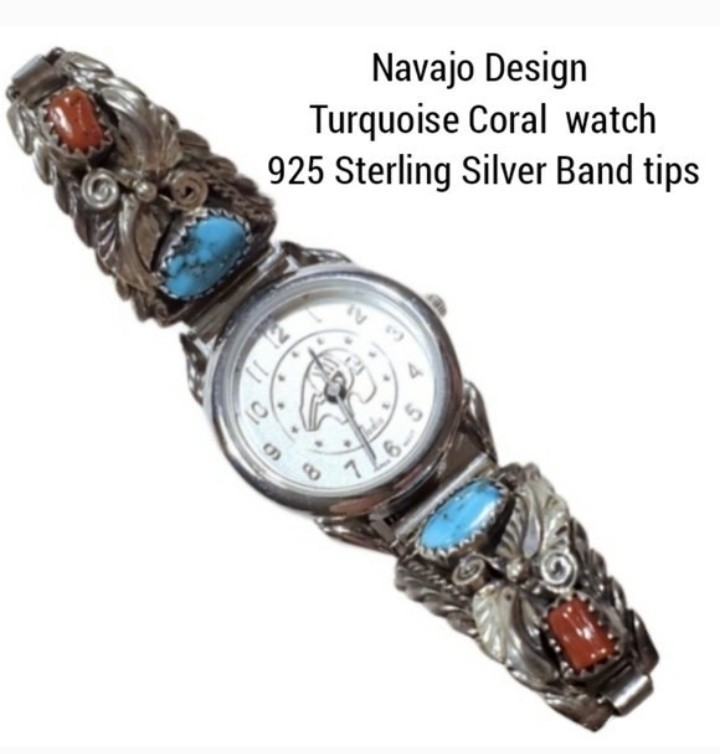 Navajo Southwest Real Turquoise Coral 925 Sterling Silver Watch Nadia
