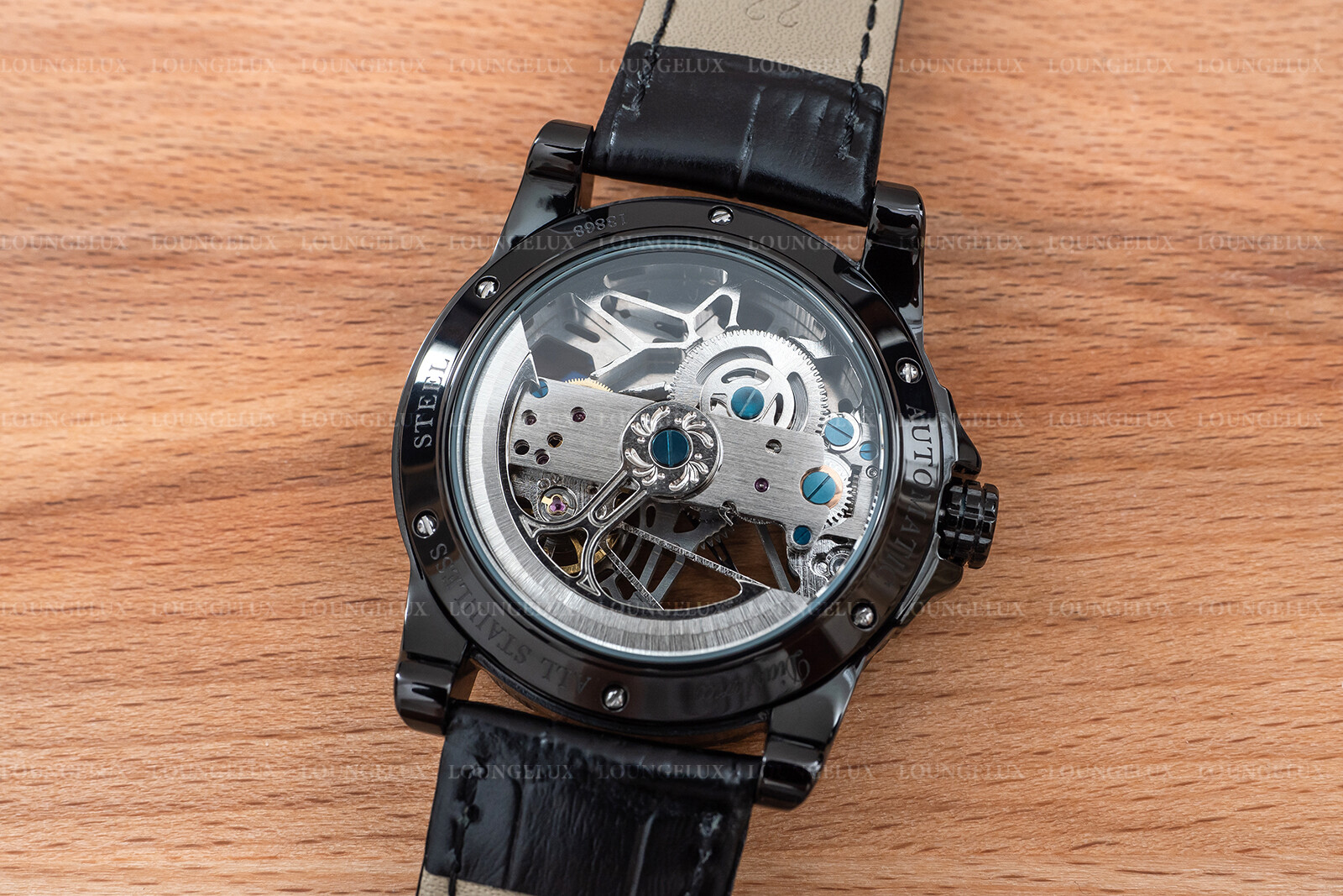 Mens Skeleton Automatic Mechanical Watch – Black Grey Dial Black Leather Strap