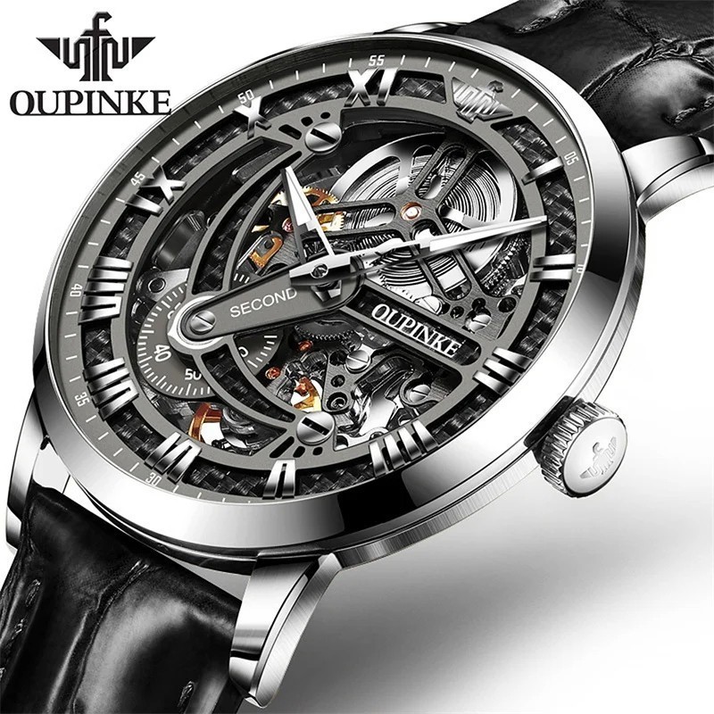 OUPINKE Luxury Men Skeleton Leather Transparent Sapphire Waterproof Watch 40mm