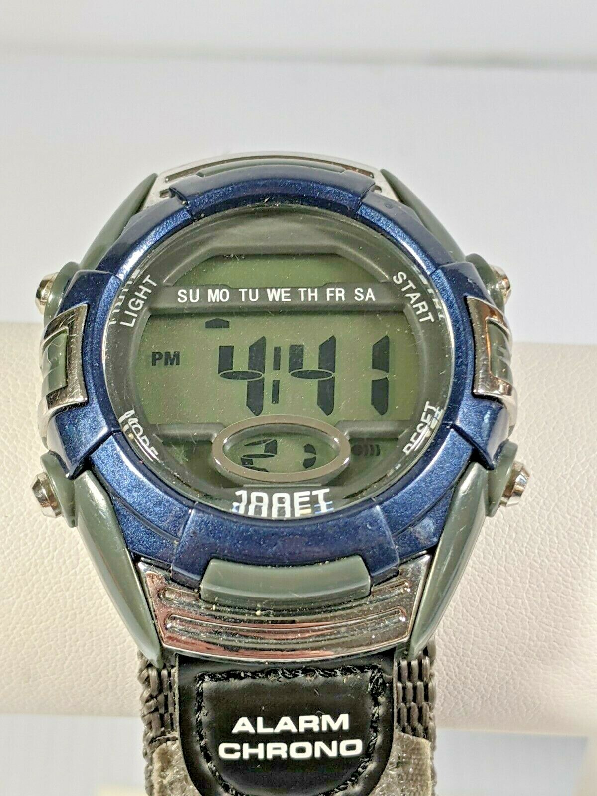 Alarm Chrono Blue Gray Day Indicator Light Up Canvas Band WR 100 FT Watch