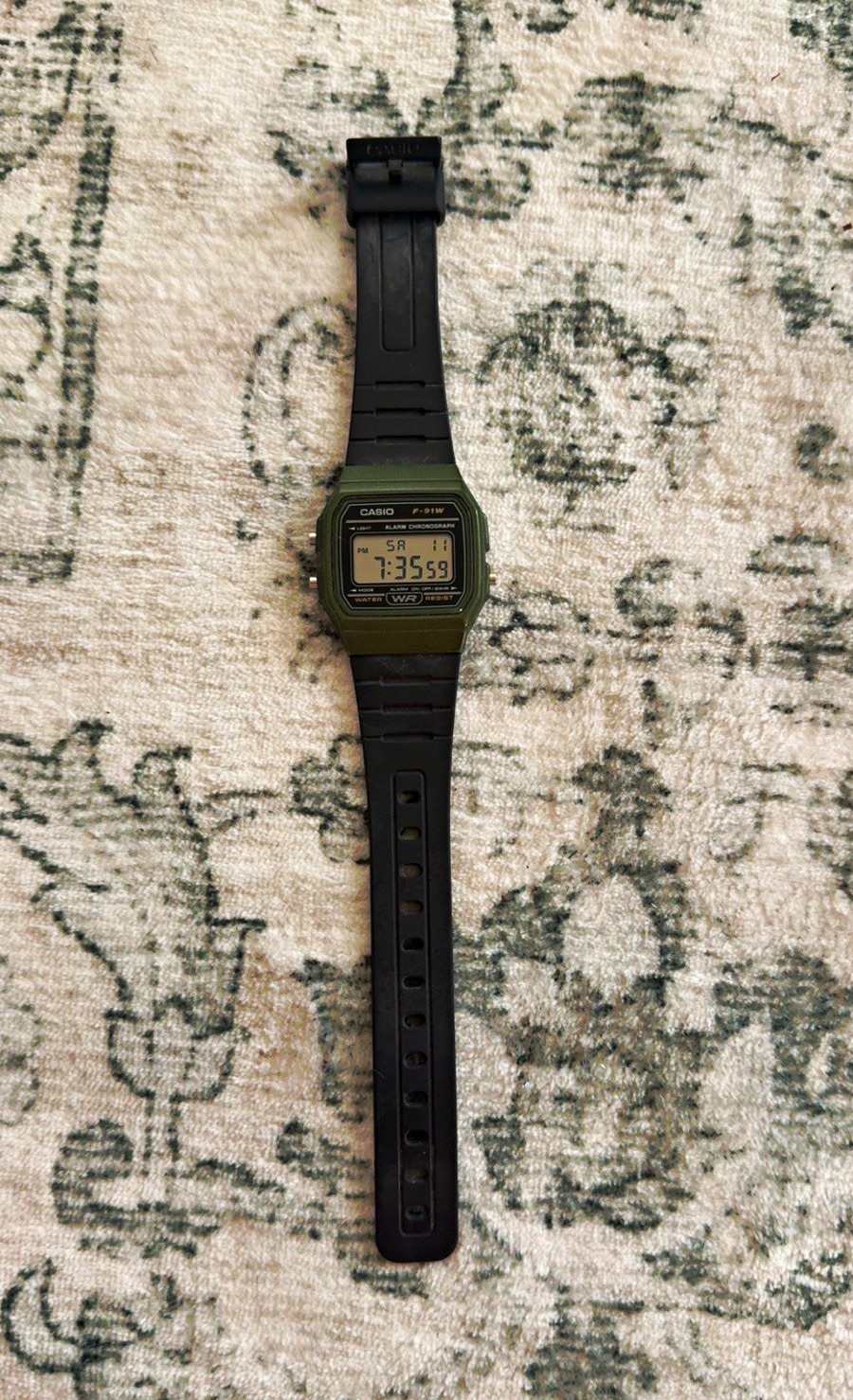 Casio F-91W Digital Quartz Alarm Chronograph Watch, Black Resin Strap Green