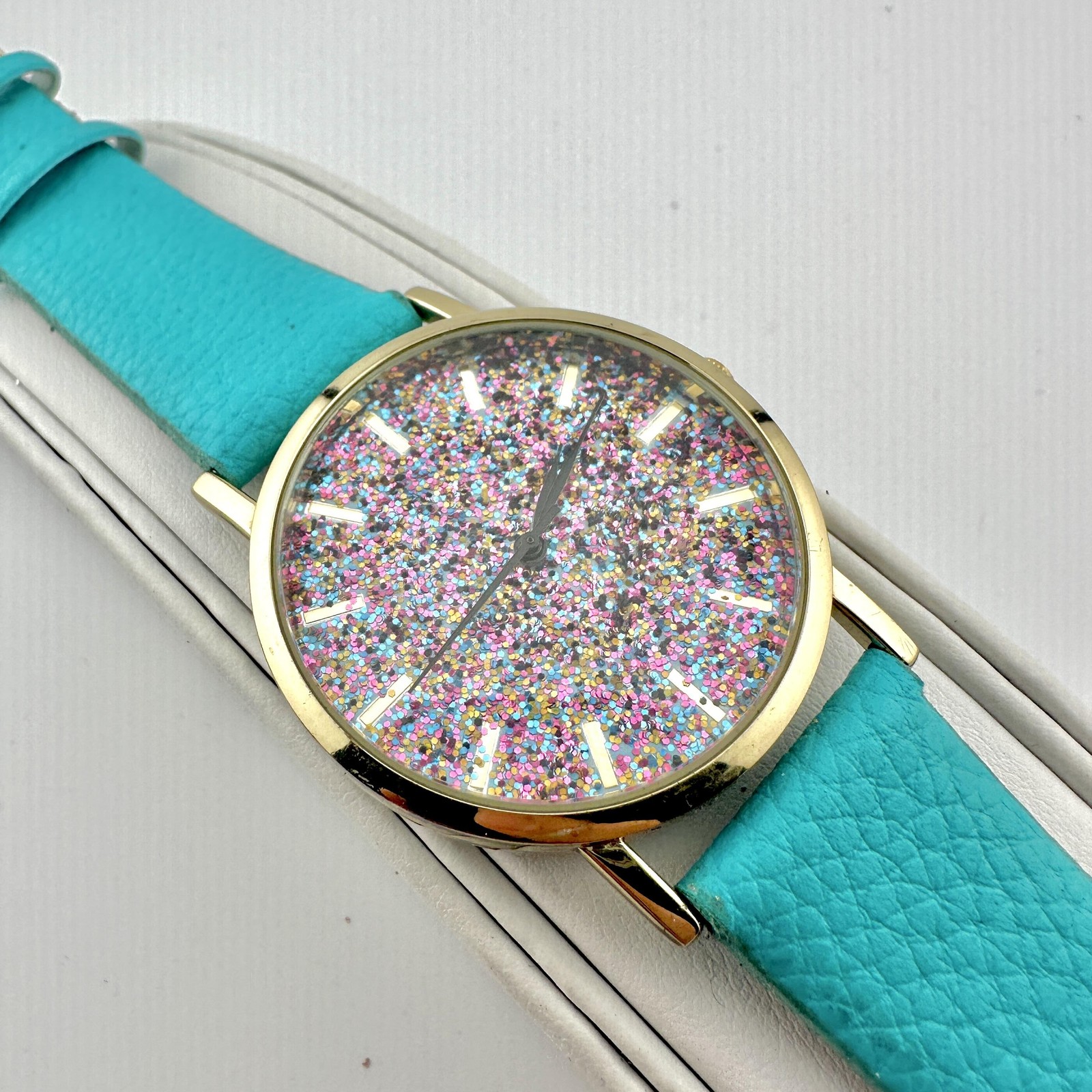 Womens Watch 38mm Multicolor Dial Gold Case Blue Faux Leather Strap, New Battery