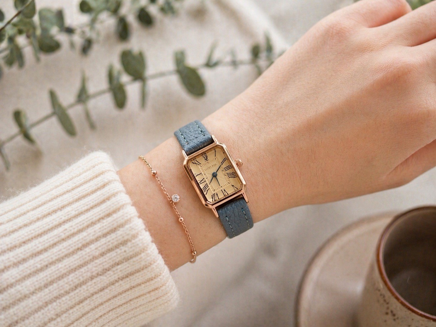 Women’s Rectangular Watch Rose Gold Blue Strap Roman Numerals New