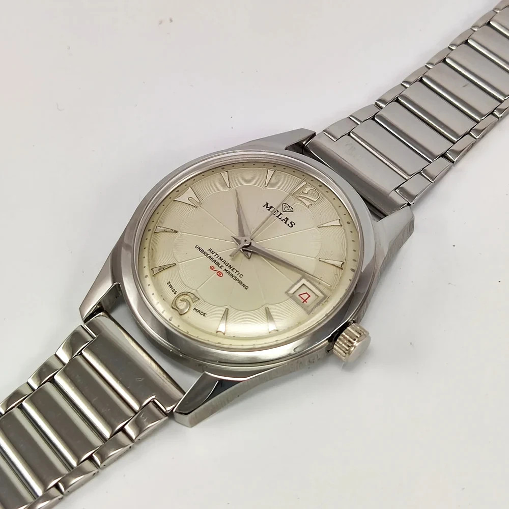 Working Melas Pearl Dial Date Function Handwinding Transparent Back Wrist Watch