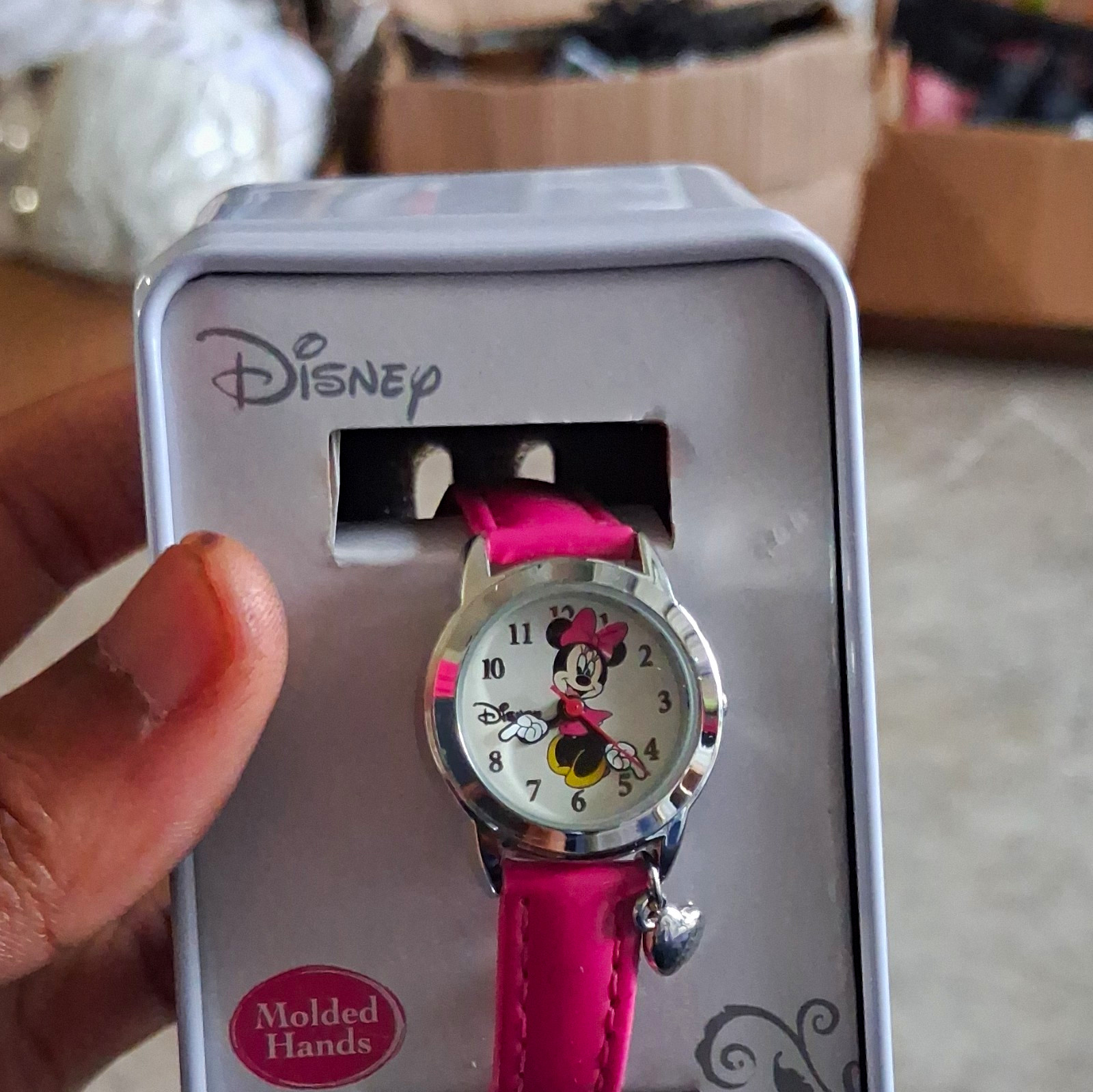 Disney Minnie Mouse Girls Quartz Analog Watch Pink Strap Tin Box Silver Case