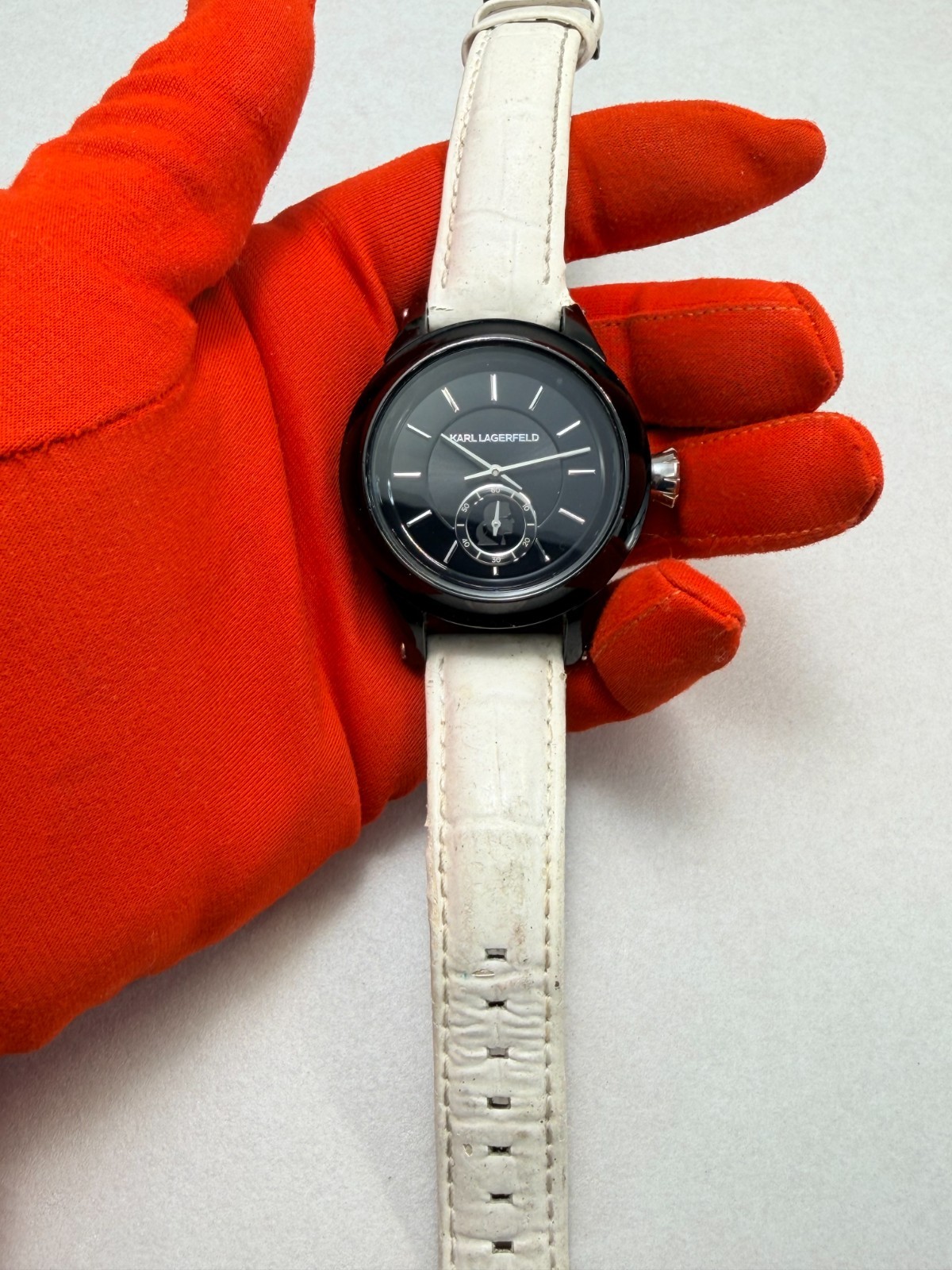 Karl Lagerfeld Black Dial White Leather Strap Designer Watch Unisex