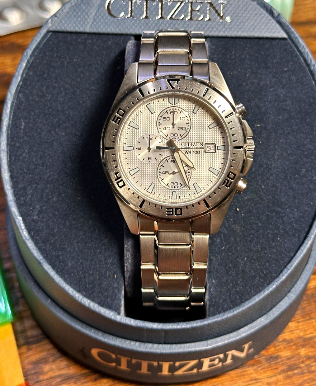 Citizen Chronograph WR100 Quartz Date 100m Silver Dial SS Bracelet 42mm
