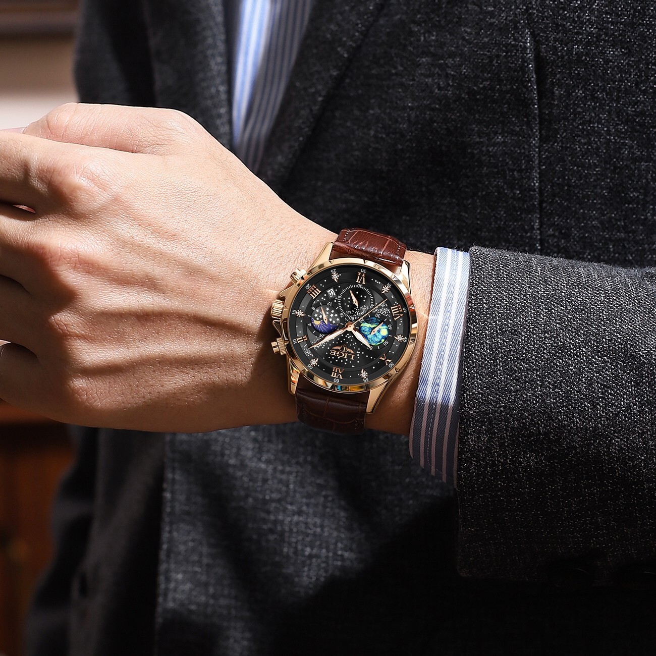 LIGE Men Watch Quartz Date Moonphase Waterproof Luminous Sport Casual Wristwatch