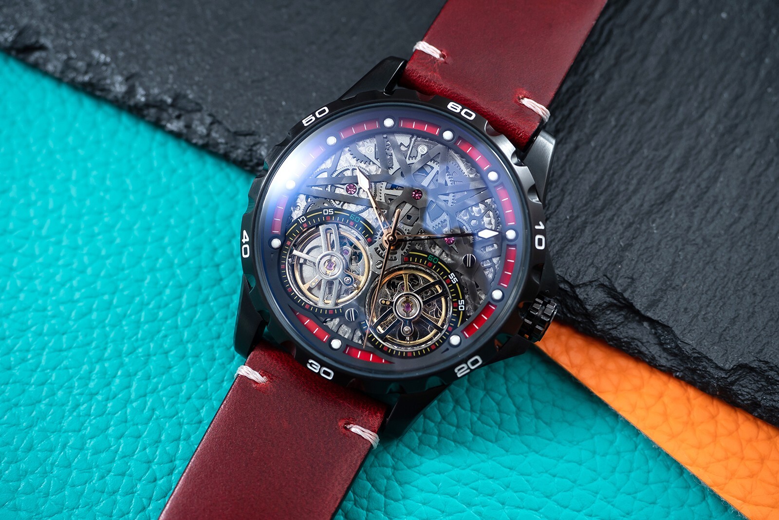 Mens Black Double Flywheel Automatic Mechanical Watch Oil Waxed Dark Red Leather