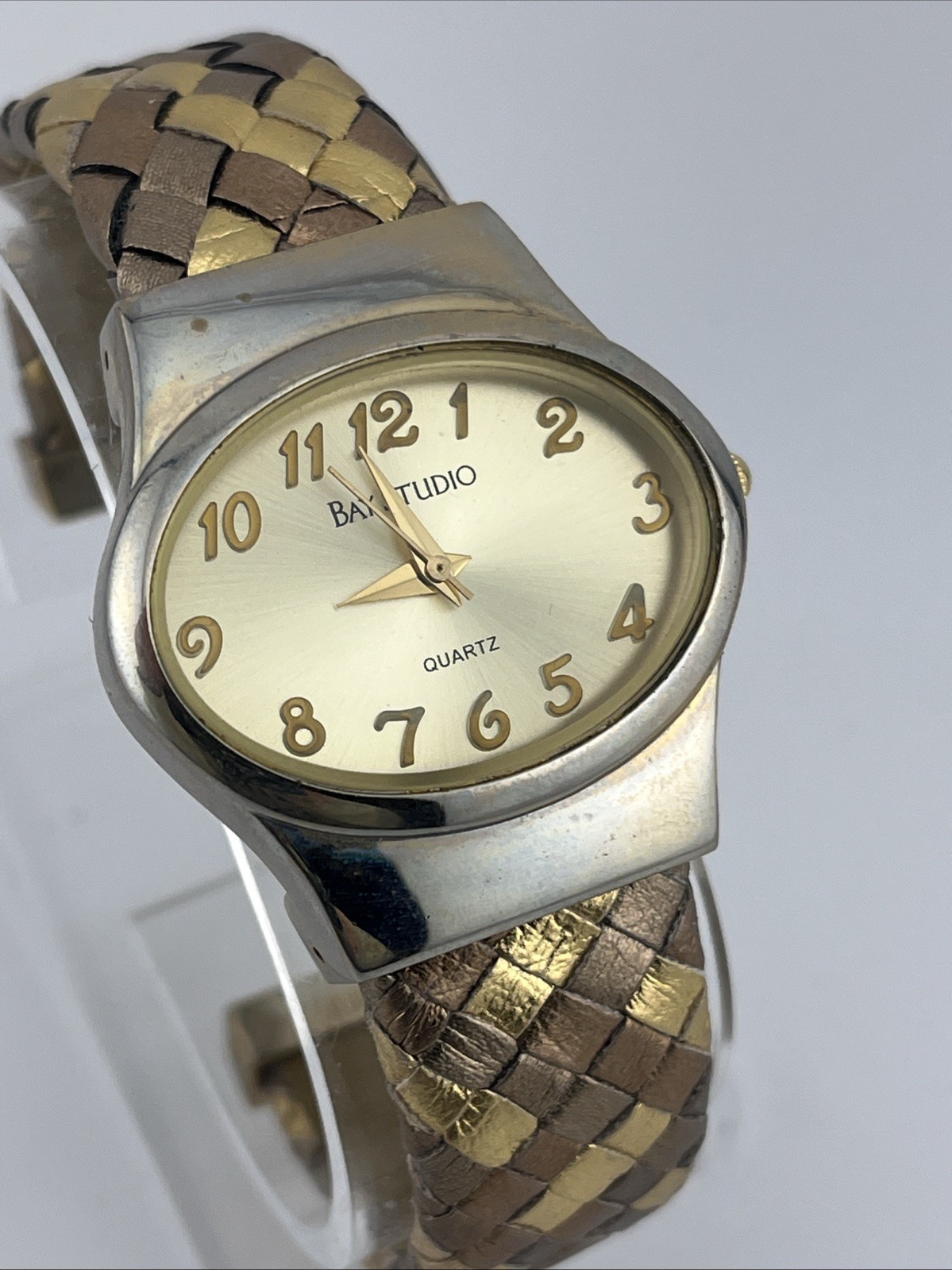 Bay Studio Watch Women 35mm Silver Case Two Tone Hinge Bangle Band- New Battery