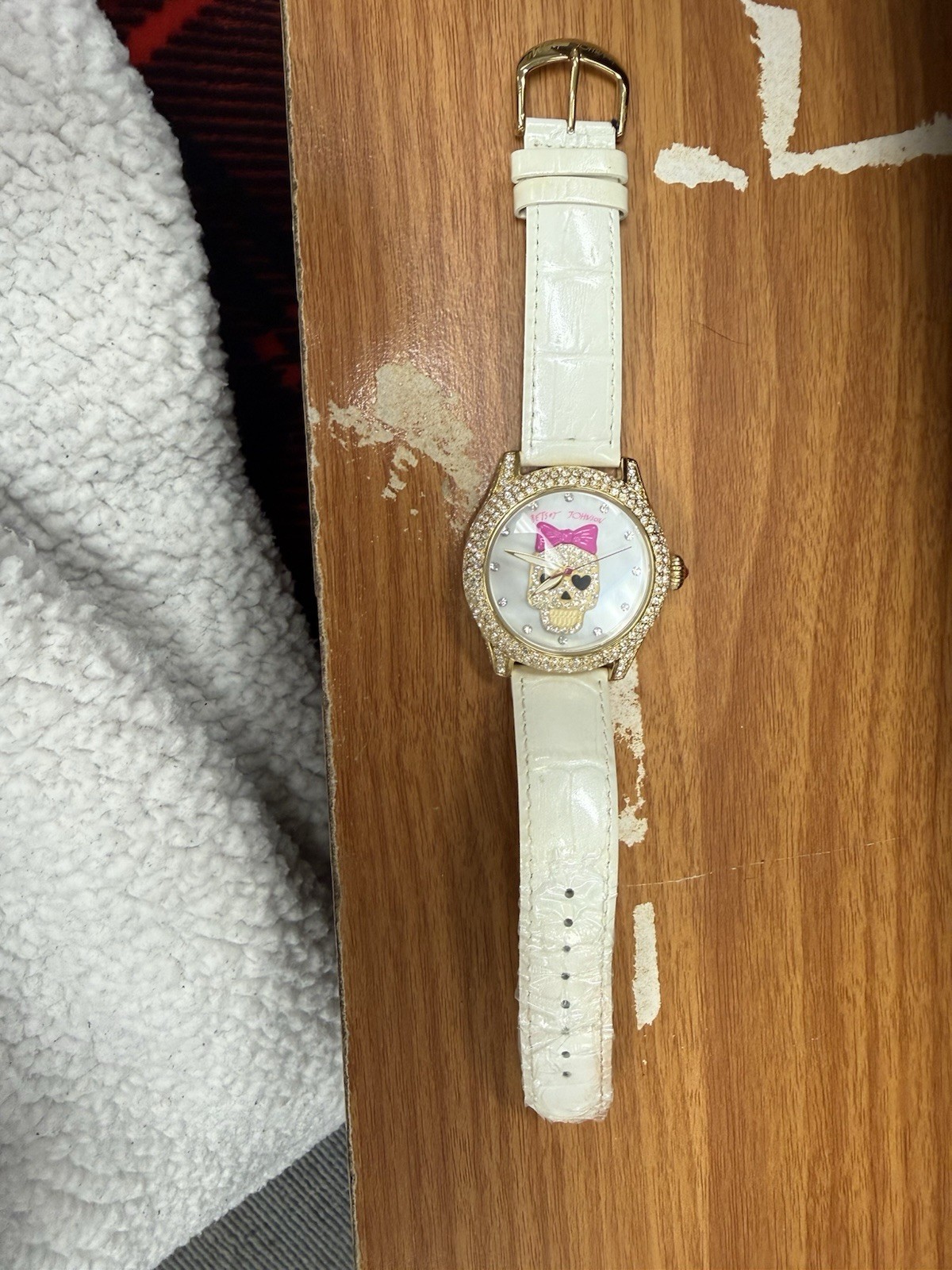 Vintage Betsey Johnson Skull Watch White Leather Band Crystals Needs Battery