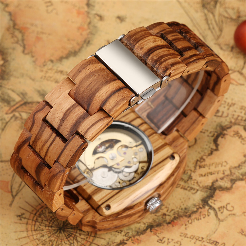 Handmade Men Watch Skeleton Automatic Mechanical Wooden Wristwatch Wood Bracelet