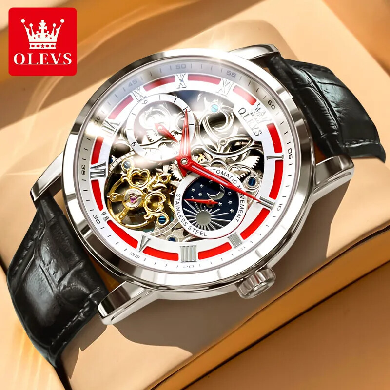 OLEVS Skeleton Self-Wind Automatic Mechanical Mens Watch Leather Band Moon Phase