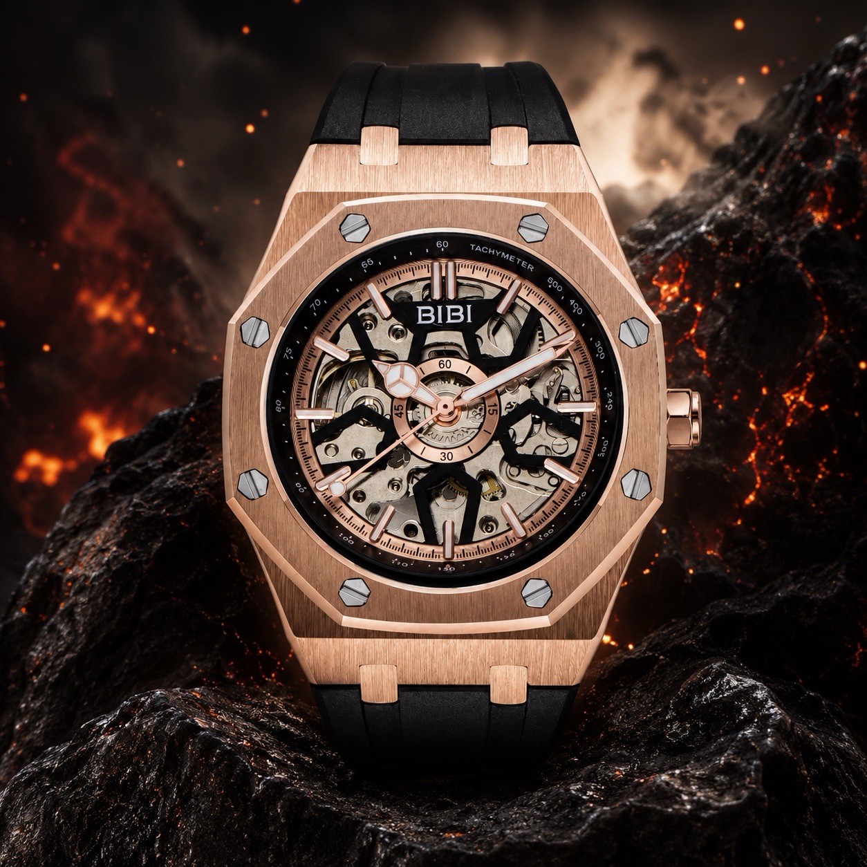 BIBI Skeleton Automatic Watch Rose Gold Black Silicone Strap 41.5mm! SLEEK! NEW!