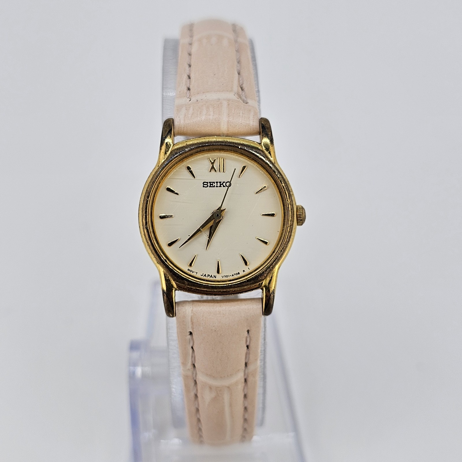 VTG Seiko Women Watch 22MM Cream Dial NEW Pink Leather Bands Battery Up to 6.5″