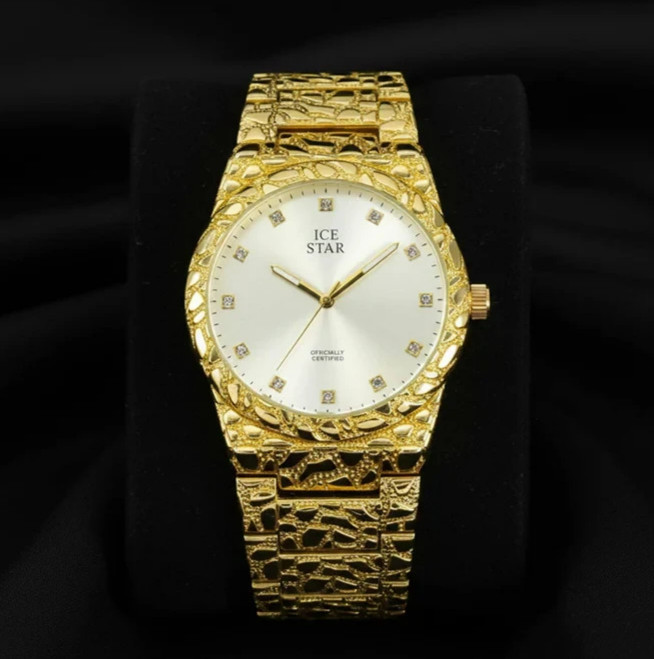 MEN’S ICED LUXURY NUGGET STYLE METAL BAND WRIST BLING WATCH HIP HOP FASHION