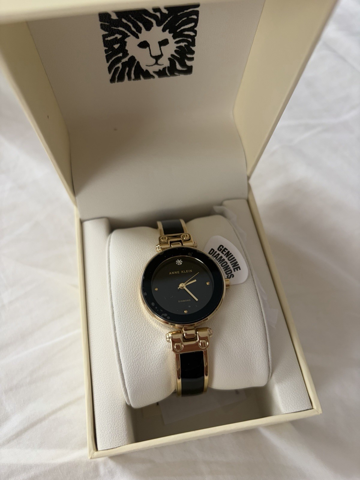 Anne Klein Women’s Quartz Wristwatch Black Dial Gold Tone Bracelet Diamond w/Box