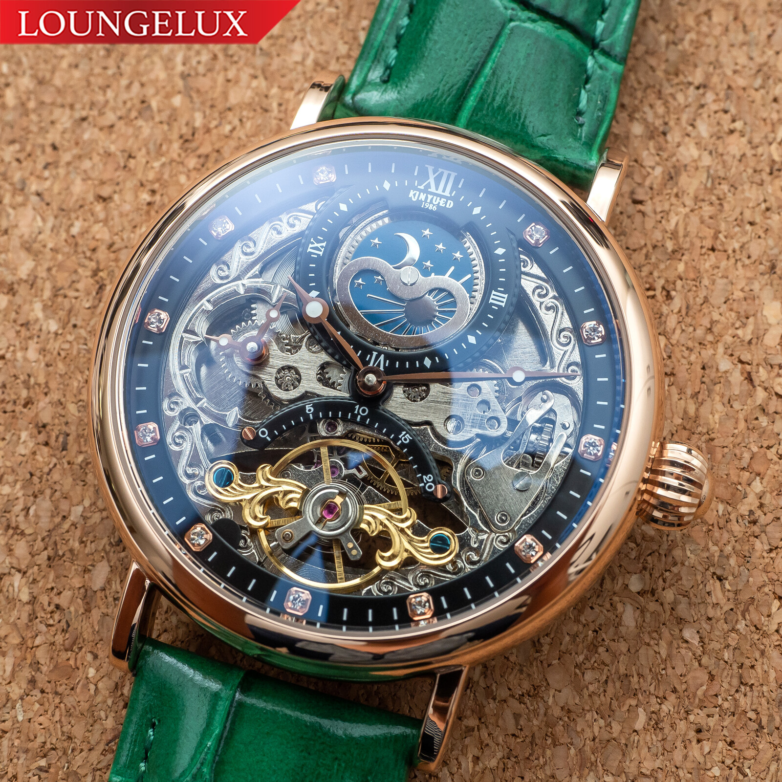 Mens Dual Time Automatic Mechanical Skeleton Watch Rose Gold Green Leather