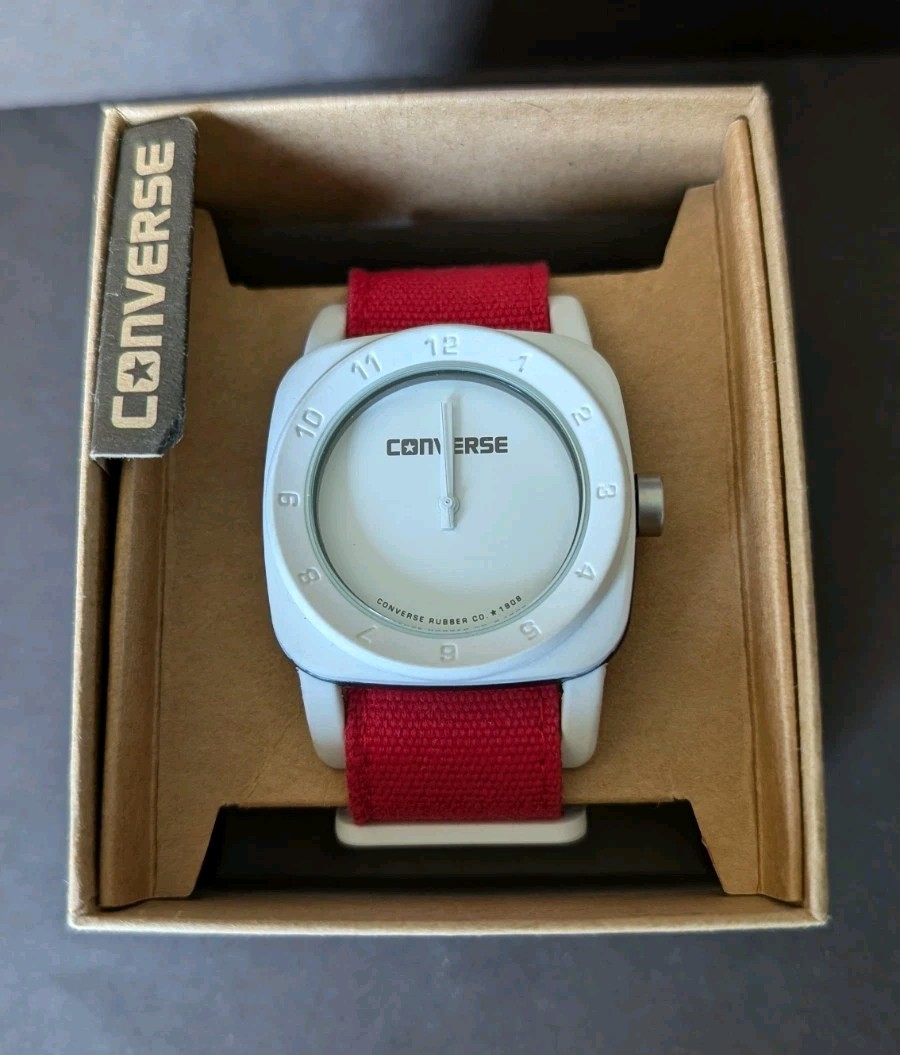 Converse 1908 Watch in Matte White with Red Canvas Strap Unisex Style Retro Look