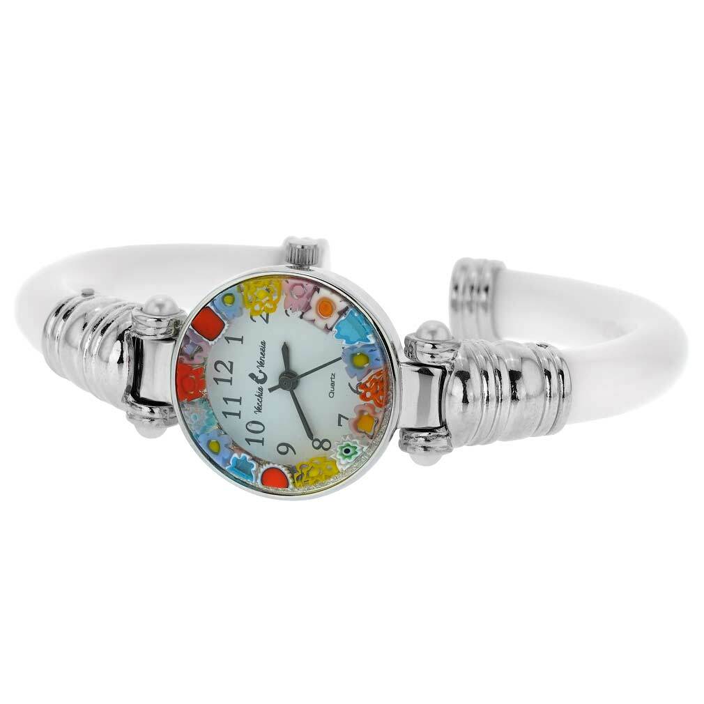 GlassOfVenice Murano Glass Millefiori Bangle Watch – Silver White Multicolor